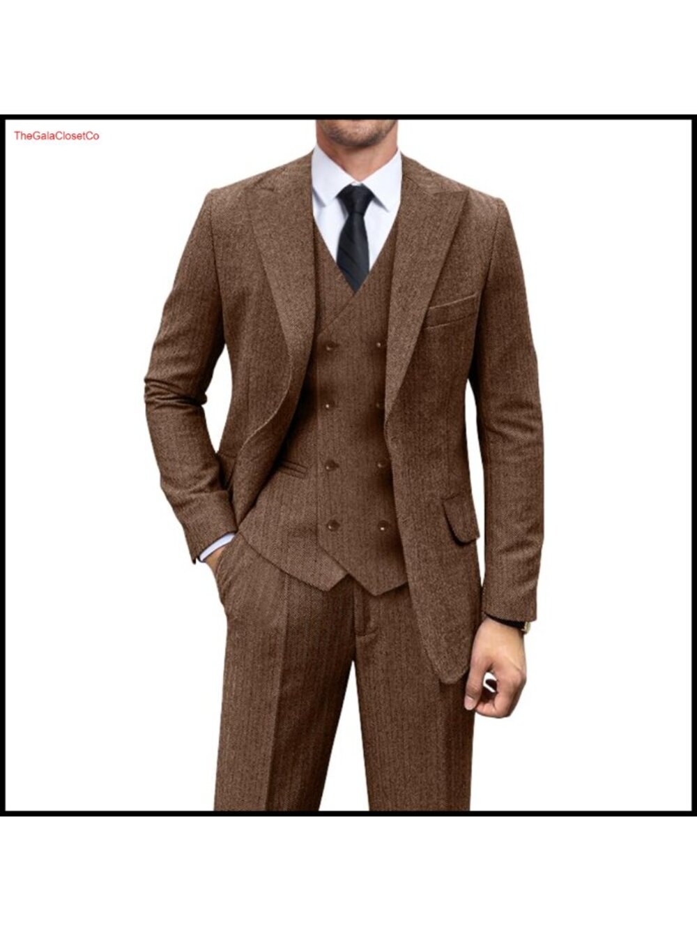 Men's Tweed Herringbone 3 Piece Suit Set 2 Button Peak Lapel Prom Tuxedo